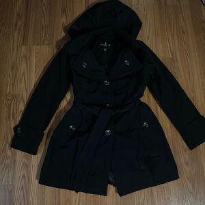 London Fog Black Hooded Belted Tie Waist Trench Coat Classic Preppy Old Money